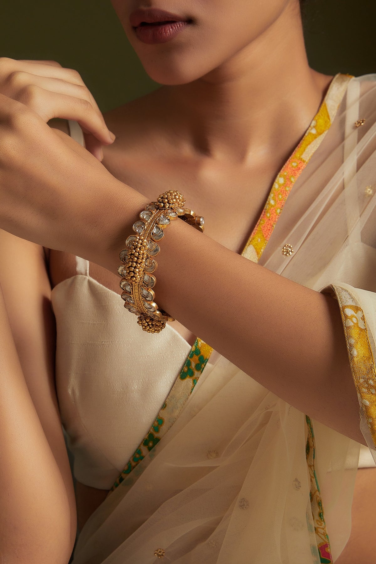 Gold Finish Kundan Polki Bangle In Sterling Silver