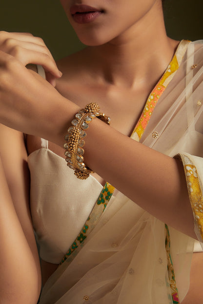 Gold Finish Kundan Polki Bangle In Sterling Silver