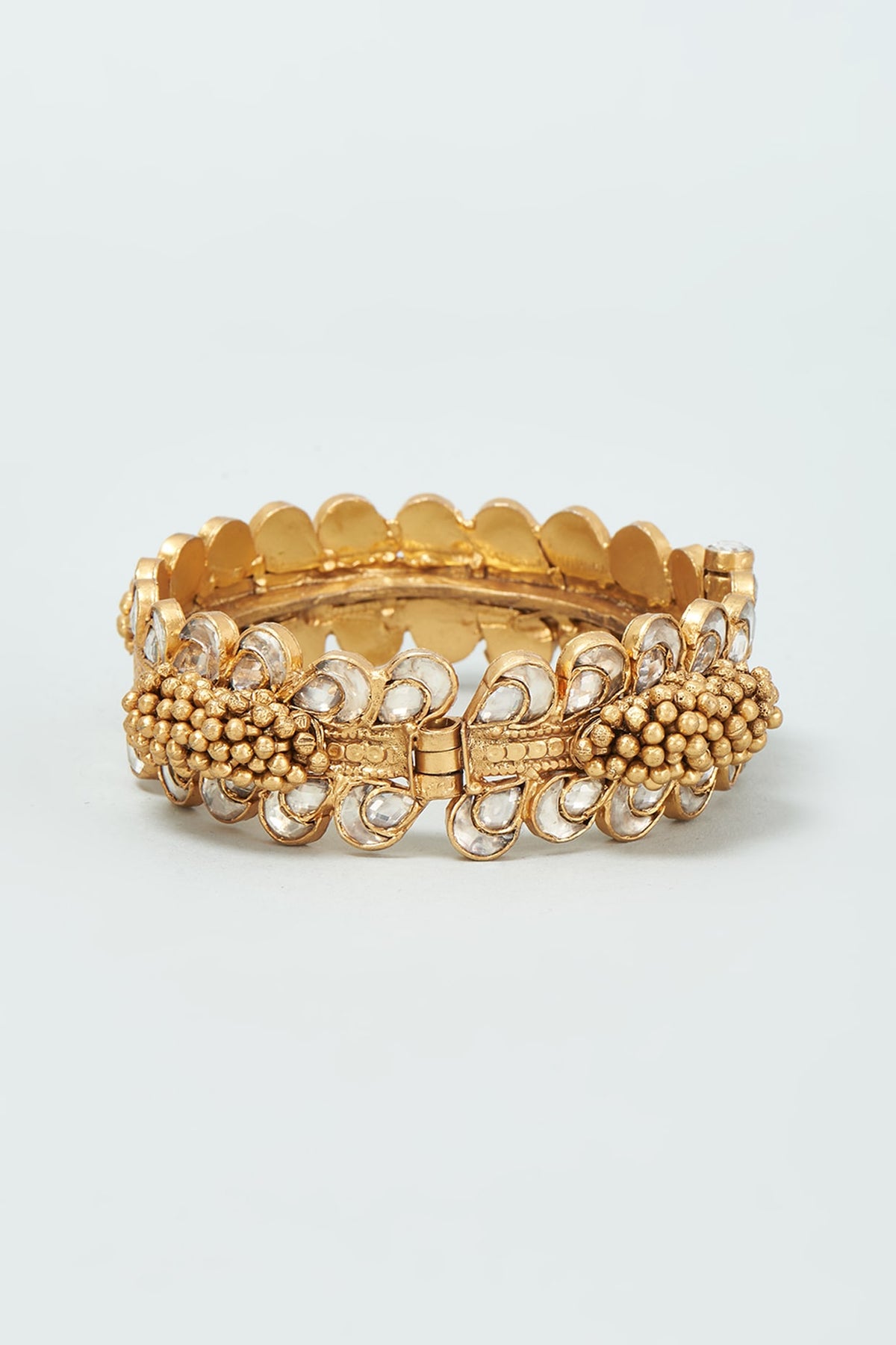 Gold Finish Kundan Polki Bangle In Sterling Silver