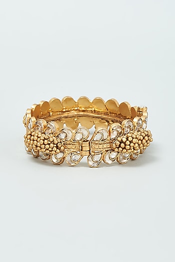 Gold Finish Kundan Polki Bangle In Sterling Silver