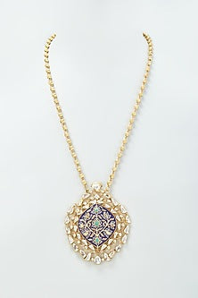 Gold Finish Kundan Polki & Green Onyx Enamelled Necklace Set In Sterling Silver