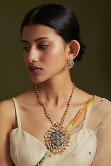 Gold Finish Kundan Polki & Green Onyx Enamelled Necklace Set In Sterling Silver