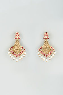 Gold Finish Pink Onyx & Freshwater Pearl Dangler Earrings In Sterling Silver