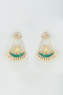 Gold Finish Kundan Polki & Green Onyx Dangler Earrings In Sterling Silver