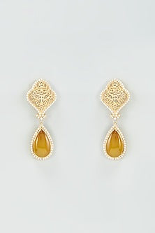 Gold Finish Zirconia & Yellow Chalcedony Dangler Earrings In Sterling Silver
