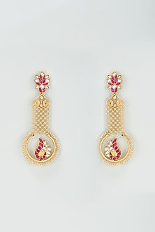 Gold Finish Kundan Polki & Pink Onyx Dangler Earrings In Sterling Silver