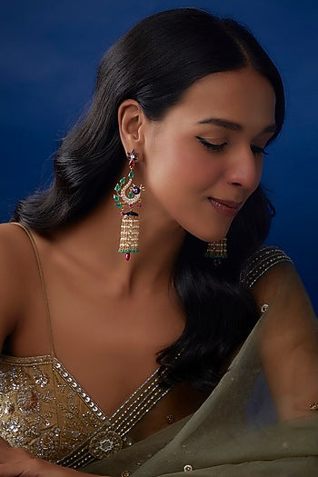 Gold Finish Onyx & Pearl Dangler Earrings In Sterling Silver