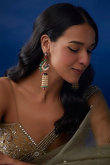 Gold Finish Onyx & Pearl Dangler Earrings In Sterling Silver