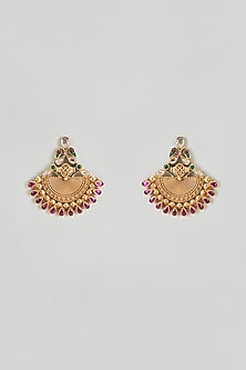 Gold Finish Kundan & Rhodolite Chandbali Earrings In Sterling Silver