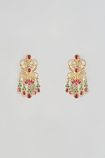 Gold Finish Kundan & Onyx Dangler Earrings In Sterling Silver