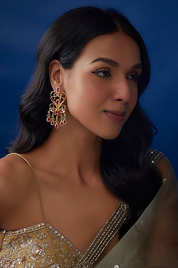 Gold Finish Kundan & Onyx Dangler Earrings In Sterling Silver