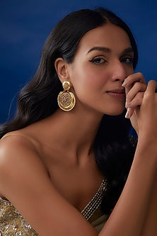 Gold Finish Zirconia & Pearl Chandbali Earrings In Sterling Silver