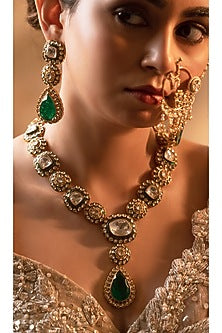 Gold Finish Kundan Polki Meenakari Necklace Set