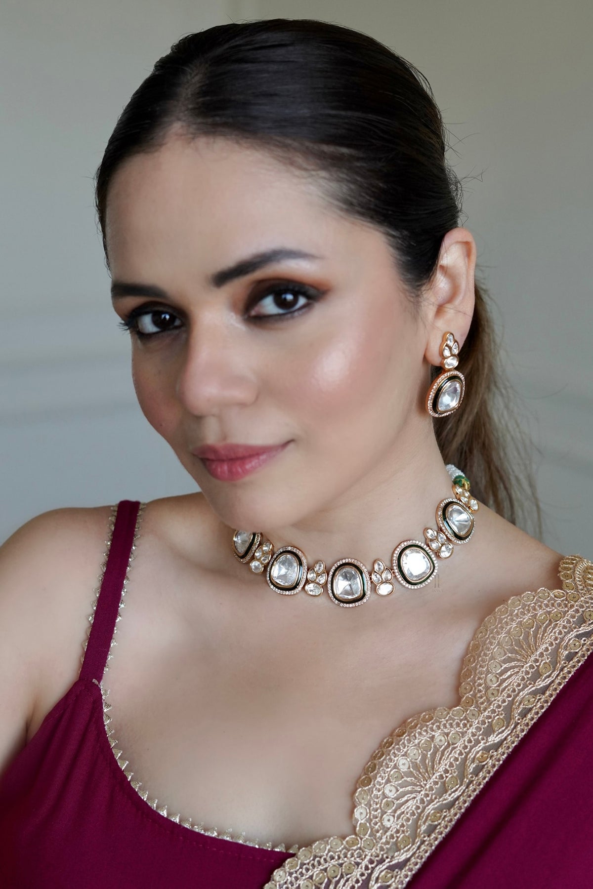 Gold Finish Kundan Polki Necklace Set