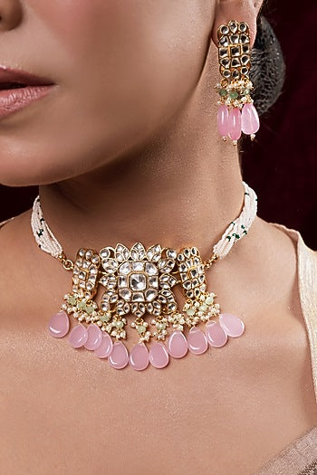 Gold Finish Kundan Polki Choker Necklace Set