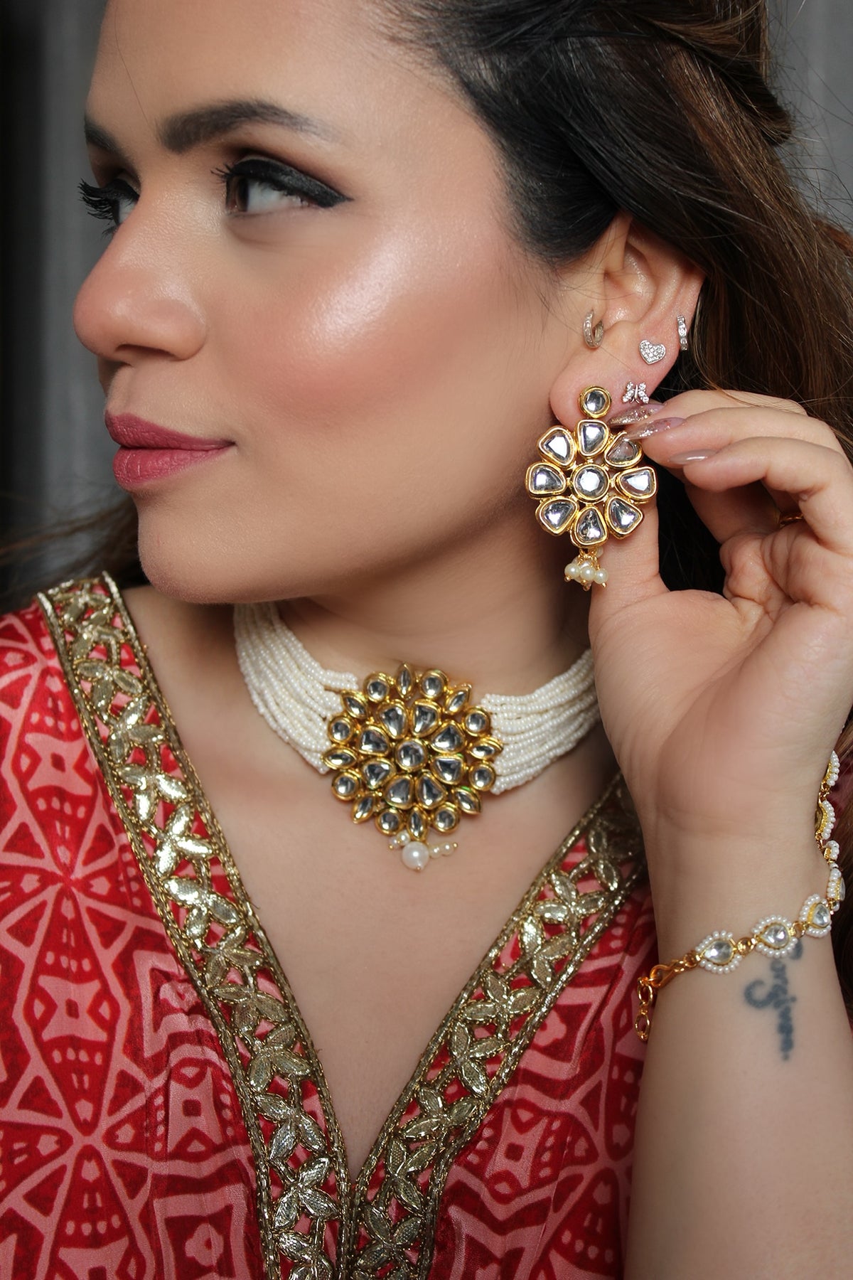 Gold Finish Kundan Polki Choker Necklace Set