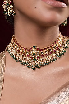 Gold Finish Kundan Polki Choker Necklace Set