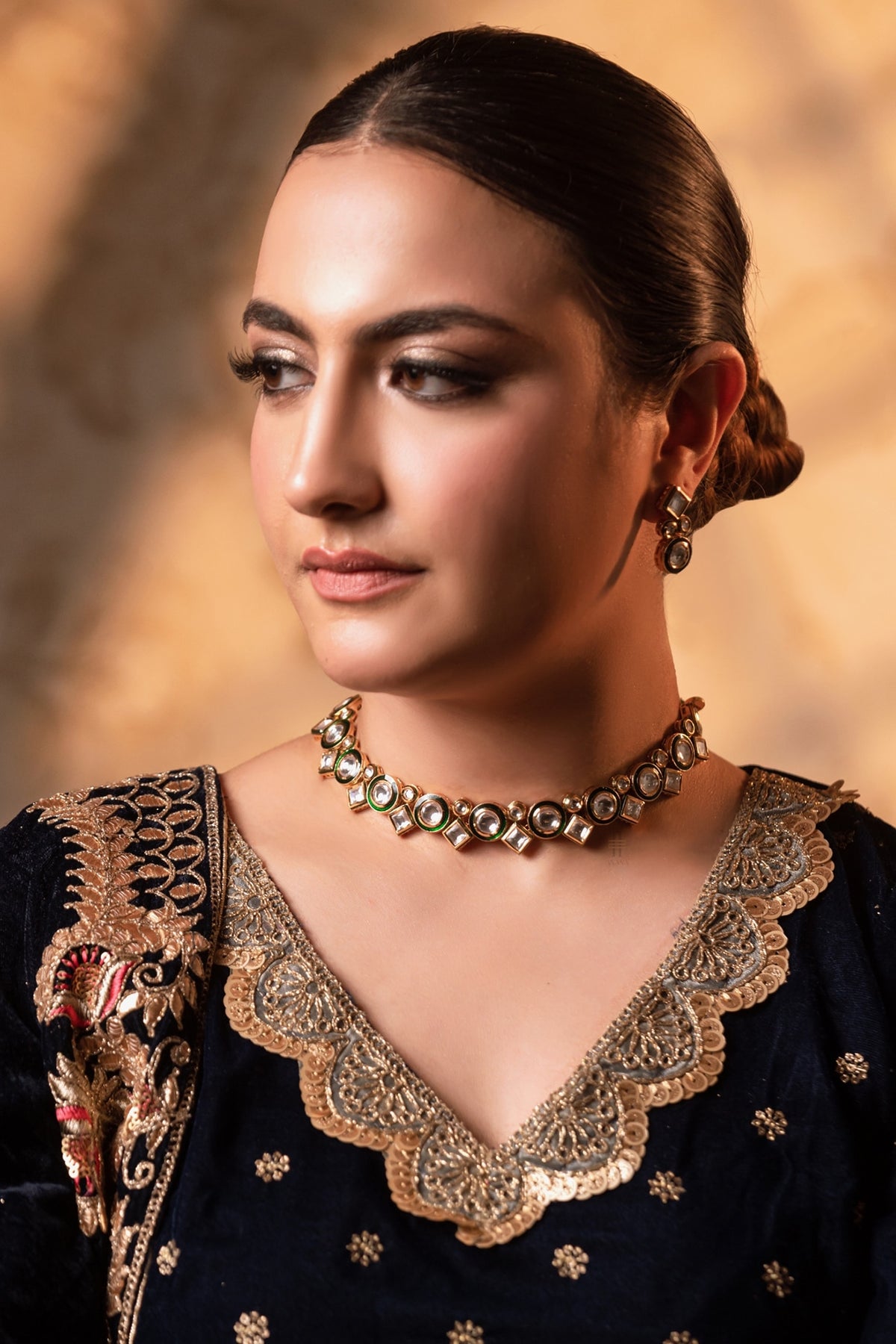 Gold Finish Kundan Polki Choker Necklace Set