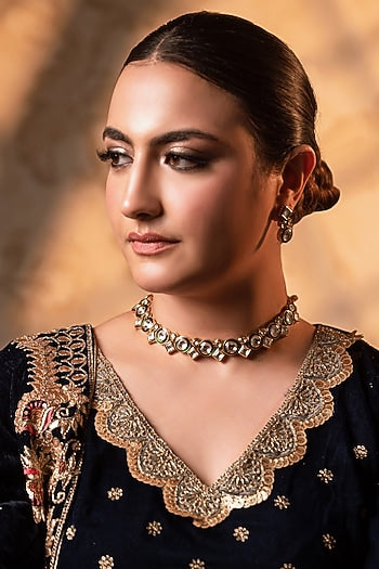 Gold Finish Kundan Polki Choker Necklace Set