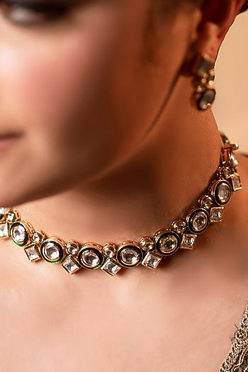 Gold Finish Kundan Polki Choker Necklace Set