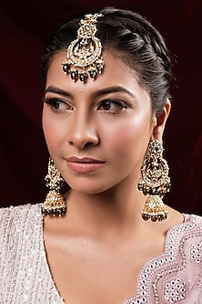 Gold Finish Kundan Polki Jhumka Earrings With Maangtikka