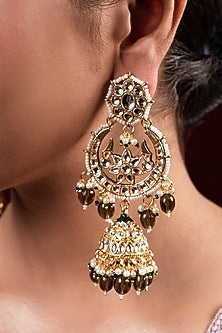 Gold Finish Kundan Polki Jhumka Earrings With Maangtikka