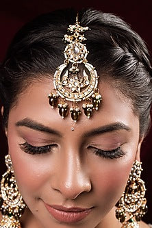 Gold Finish Kundan Polki Jhumka Earrings With Maangtikka