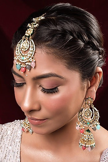 Gold Finish Kundan Polki Jhumka Earrings With Maangtikka