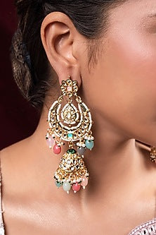 Gold Finish Kundan Polki Jhumka Earrings With Maangtikka
