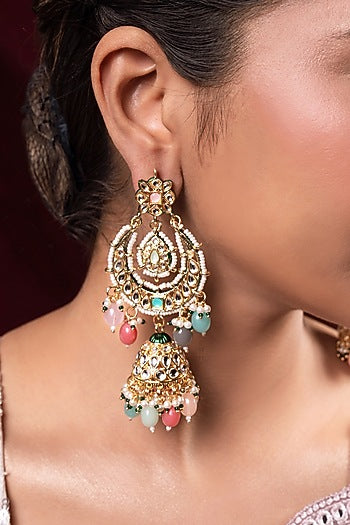 Gold Finish Kundan Polki Jhumka Earrings With Maangtikka