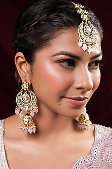 Gold Finish Kundan Polki Jhumka Earrings With Maangtikka