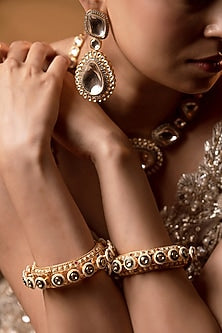 Gold Finish Kundan Polki & Pearl Bangles (Set of 2)