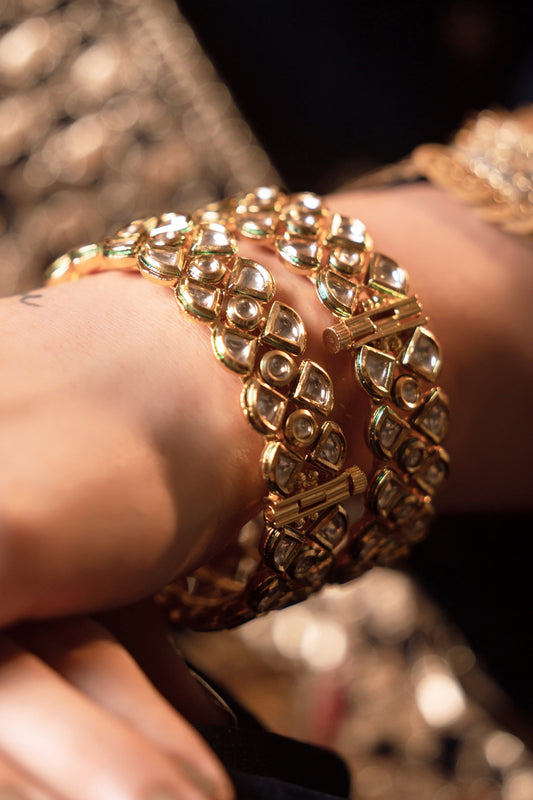 Gold Finish Kundan Polki Bangles (Set of 2)