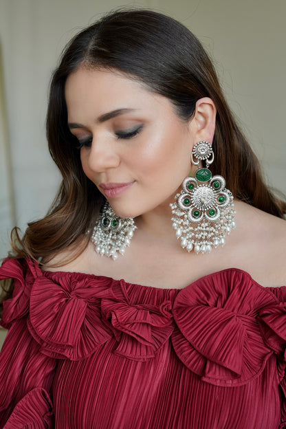 Silver Finish Synthetic Emerald Stone Dangler Earrings