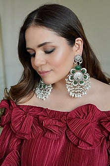 Silver Finish Synthetic Emerald Stone Dangler Earrings