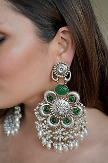 Silver Finish Synthetic Emerald Stone Dangler Earrings