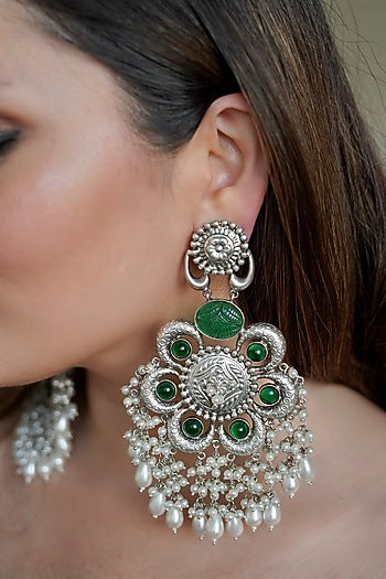 Silver Finish Synthetic Emerald Stone Dangler Earrings