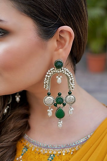 Silver Finish Synthetic Emerald Stone Dangler Earrings