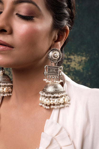 Silver Finish Pearl Jhumka Earrings