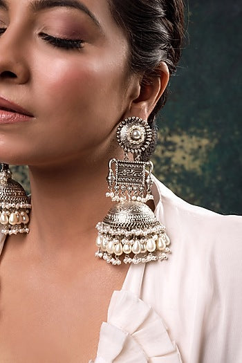 Silver Finish Pearl Jhumka Earrings