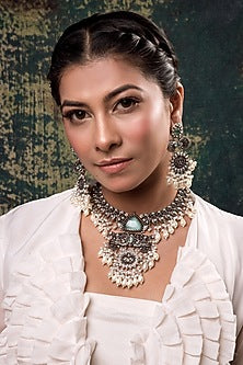 Silver Finish Aqua Stone & Beaded Necklace Set