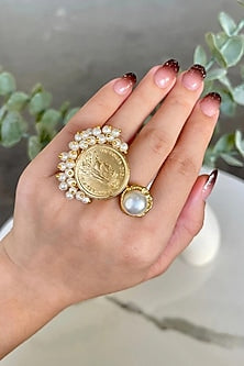 Gold Finish Beaded & Pearl Adjustable Ring