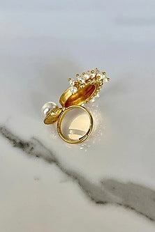 Gold Finish Beaded & Pearl Adjustable Ring