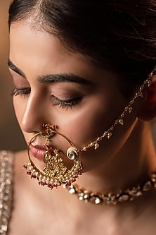 Gold Finish Kundan Polki Nose Ring