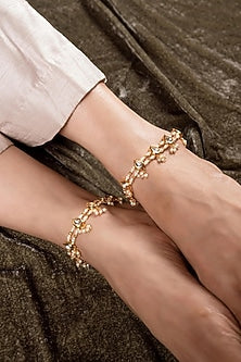 Gold Finish Kundan Polki Anklets (Set of 2)