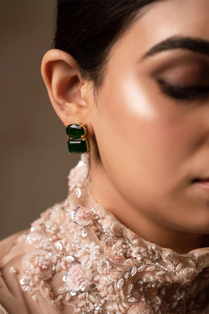 Gold Finish Emerald Semi-Precious Stone Stud Earrings