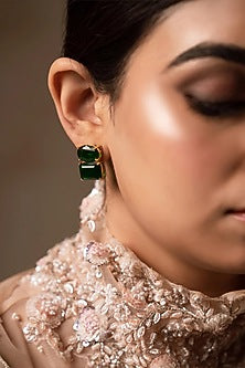 Gold Finish Emerald Semi-Precious Stone Stud Earrings