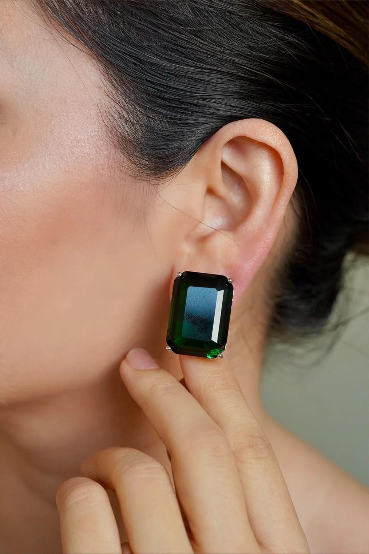 White Finish Green Semi-Precious Stone Stud Earrings