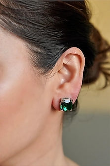 White Finish Emerald Semi-Precious Stone Stud Earrings
