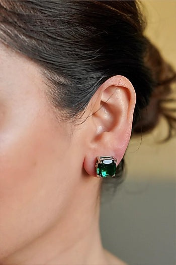 White Finish Emerald Semi-Precious Stone Stud Earrings